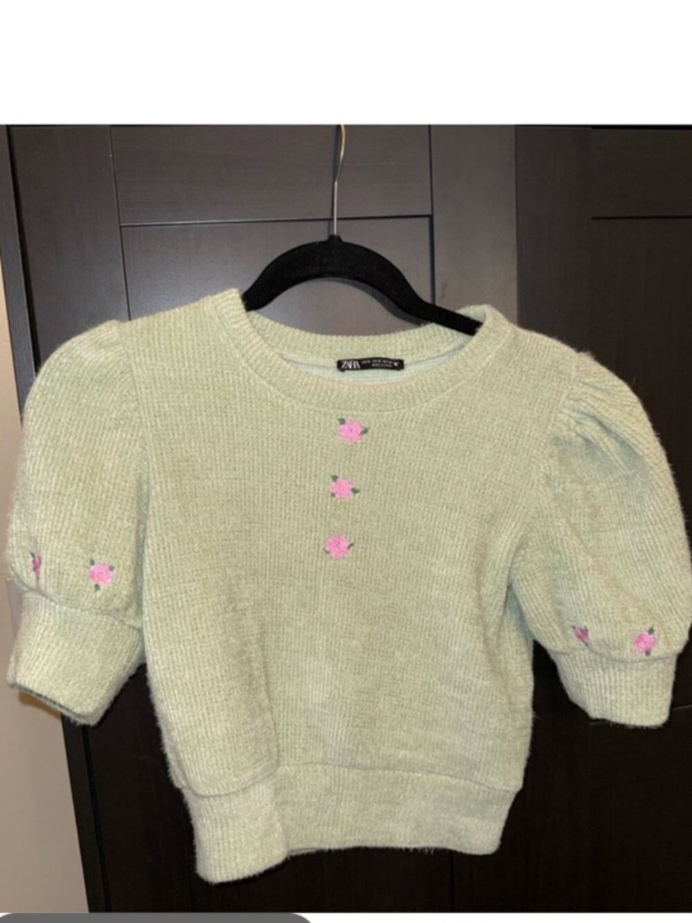 Zara Cropped Fitted Sweater, Green, Embroidered, Small